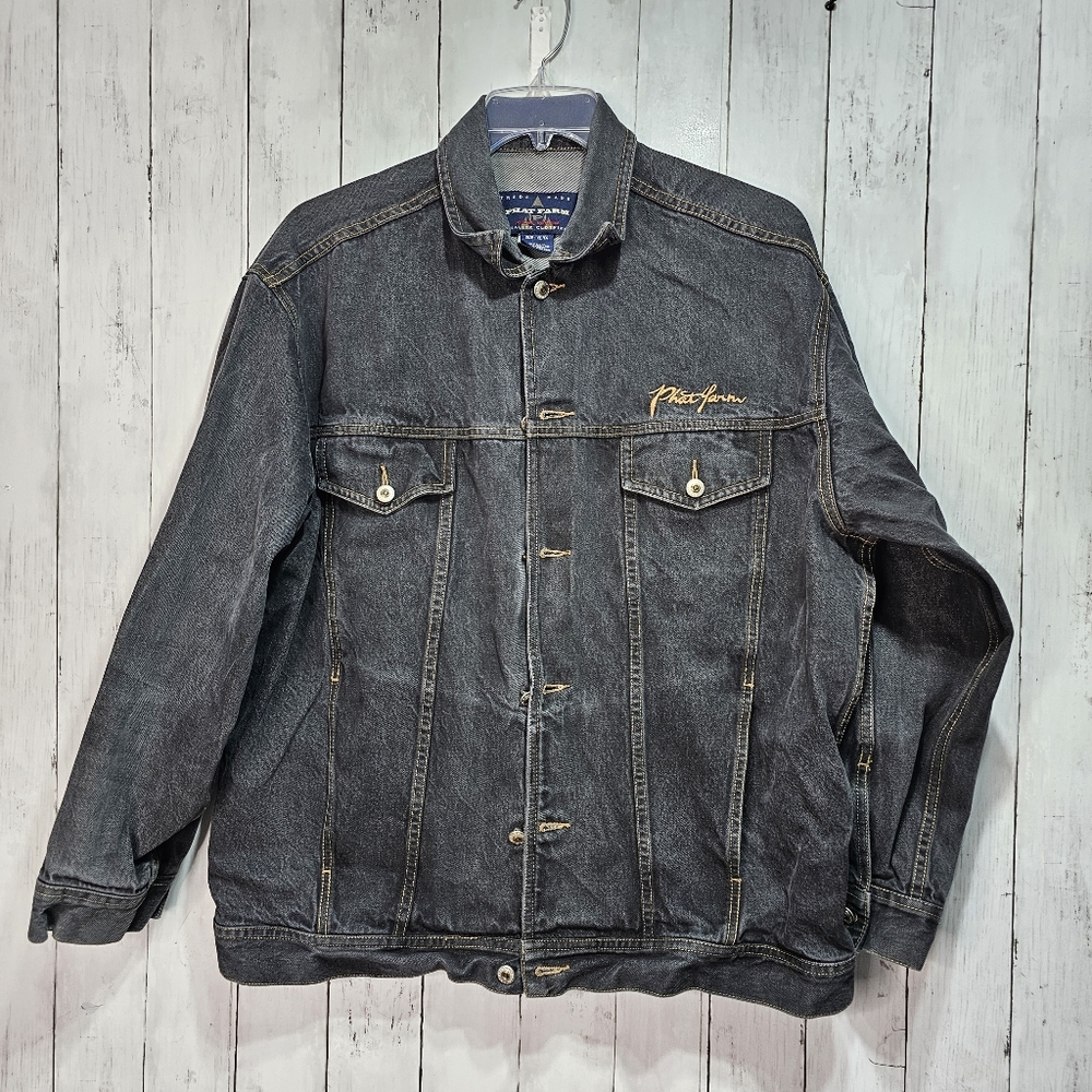 VINTAGE PHAT FARM Men's Black Denim Button Up Jacket Size XL Cotton Hip-hop 90's